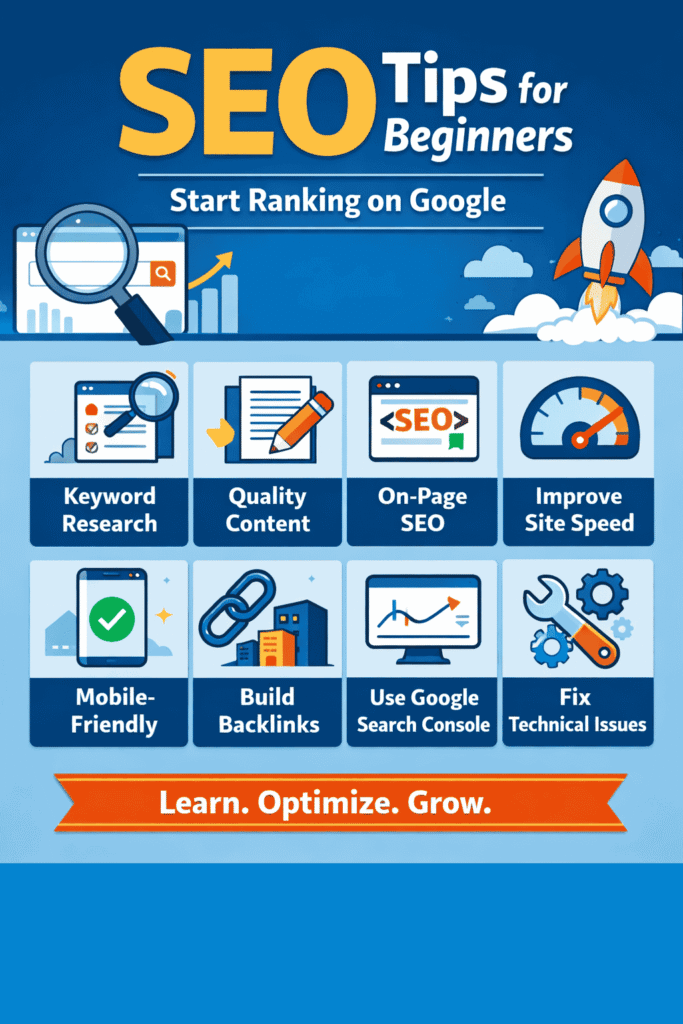 Infographic titled “SEO Tips for Beginners – Start Ranking on Google” showing eight key SEO steps: keyword research, quality content, on-page SEO, improve site speed, mobile-friendly design, build backlinks, use Google Search Console, and fix technical issues, with colorful icons and a rocket launch graphic symbolizing growth.