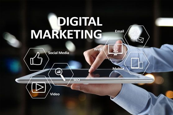 Digital marketing concept showing a person using a tablet with icons for SEO, social media, email marketing, web, mobile, and video.