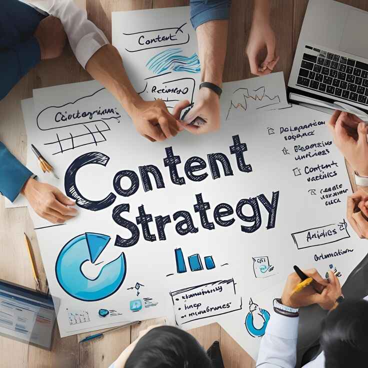 Content Marketing Tips: A Complete Guide to Grow Your Business Online. A high-angle shot of a group of people sitting around a large white paper on a wooden floor that says "Content Strategy" in large, hand-drawn black script. The paper is covered in various blue diagrams, pie charts, and handwritten notes. Several people’s hands are visible as they point at the sketches or take notes with pens and a laptop.