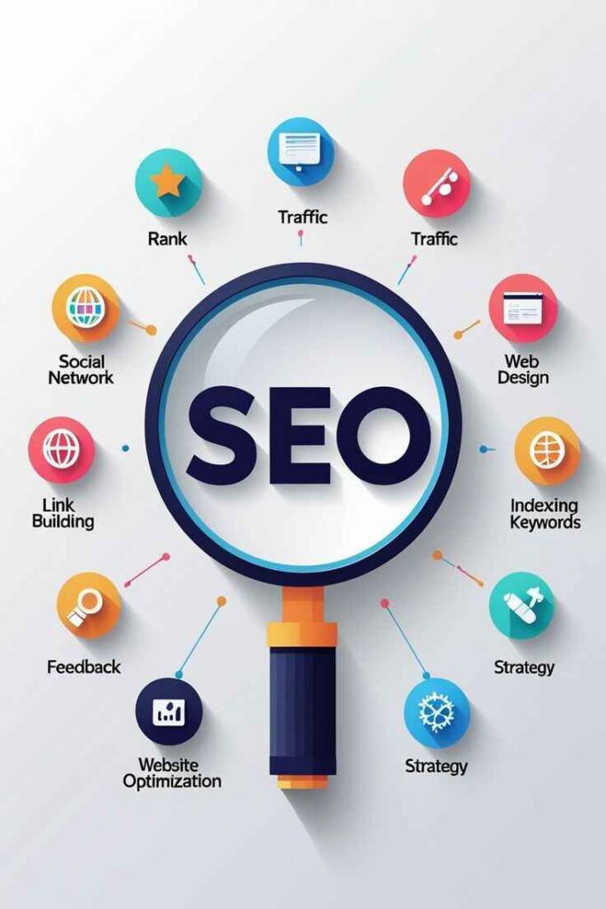 An infographic titled "SEO Strategy" featuring a large magnifying glass in the center with the letters "SEO" inside. Surrounding the magnifying glass are eleven colorful circular icons connected by thin lines, representing different components of search engine optimization.

Starting from the top and moving clockwise, the icons and their labels are:

Traffic: A light blue icon showing a webpage.

Traffic: A red icon showing a stylized line graph.

Web Design: A red icon showing a browser window.

Indexing Keywords: An orange icon with a globe and grid pattern.

Strategy: A teal icon with a rocket ship.

Strategy: A blue icon with a circular gear or network symbol.

Website Optimization: A dark blue icon showing a bar chart.

Feedback: An orange icon with a magnifying glass.

Link Building: A pink icon with a globe and link symbol.

Social Network: A yellow-orange icon with a colorful globe.

Rank: A teal icon featuring a gold star.

The overall design uses a clean, modern aesthetic with soft shadows and a light grey background to emphasize the interconnected nature of an SEO strategy.