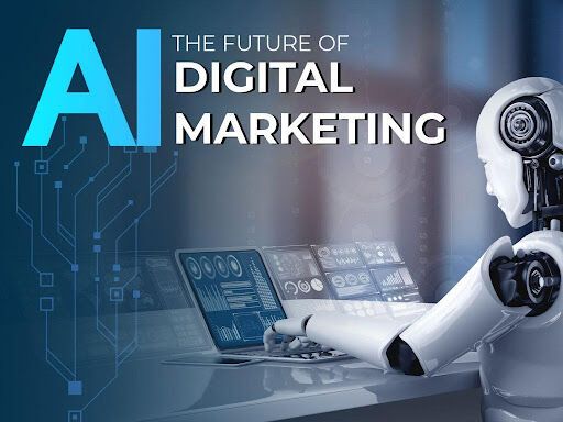 Artificial intelligence robot working on computer with dashboard analytics representing the future of AI in digital marketing