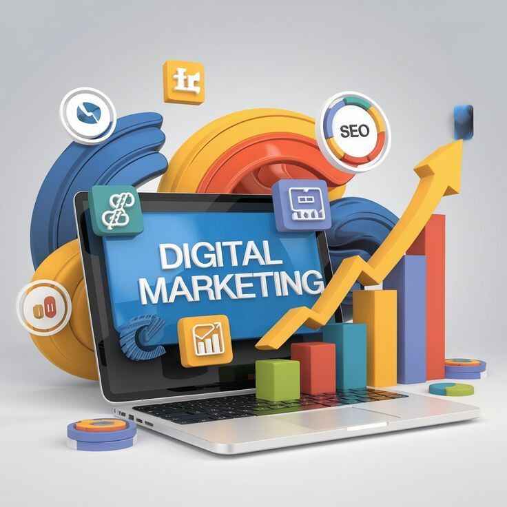 Digital Marketing Strategy Tips: A Complete Guide to Grow Your Business Online. A vibrant 3D stylized illustration featuring a silver laptop with "DIGITAL MARKETING" written on a blue screen. Surrounding the laptop are various colorful 3D elements: a rising golden arrow moving across a bar graph, floating social media icons, and a circular "SEO" tag. The background consists of abstract, swirling blue and yellow shapes on a neutral grey backdrop.